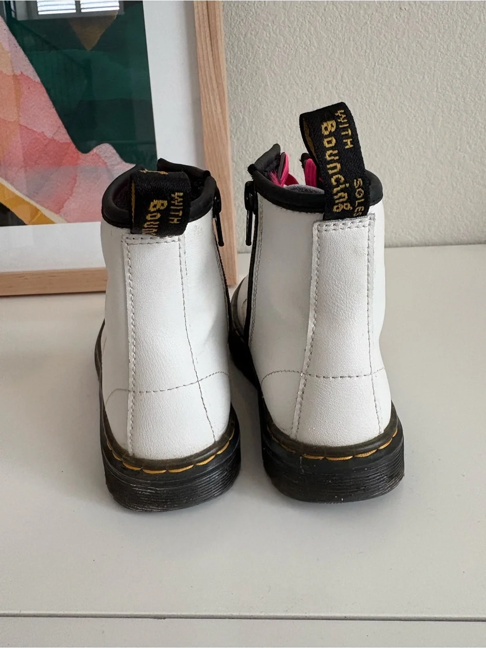 Dr. Martens White Leather Kids Boots with Pink Laces